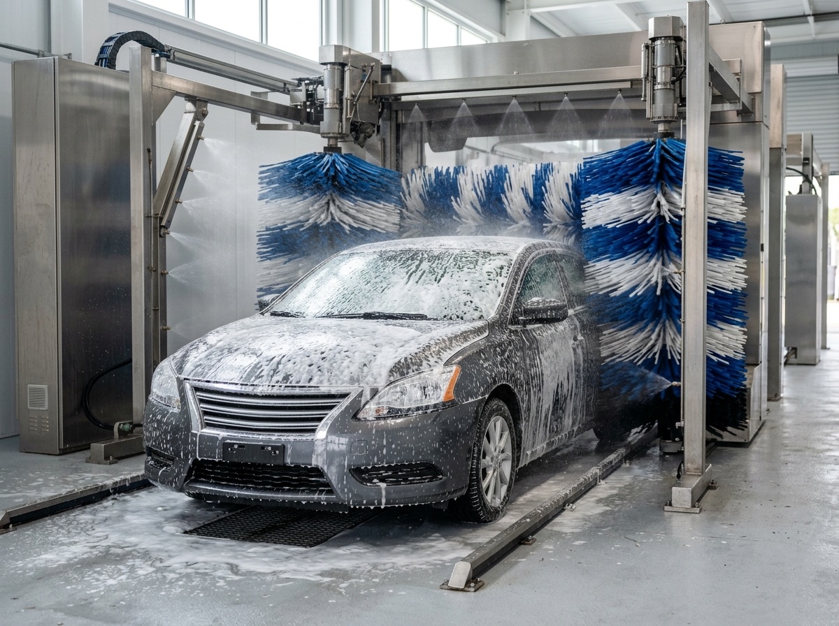 Coche cubierto de espuma en un túnel de lavado automático