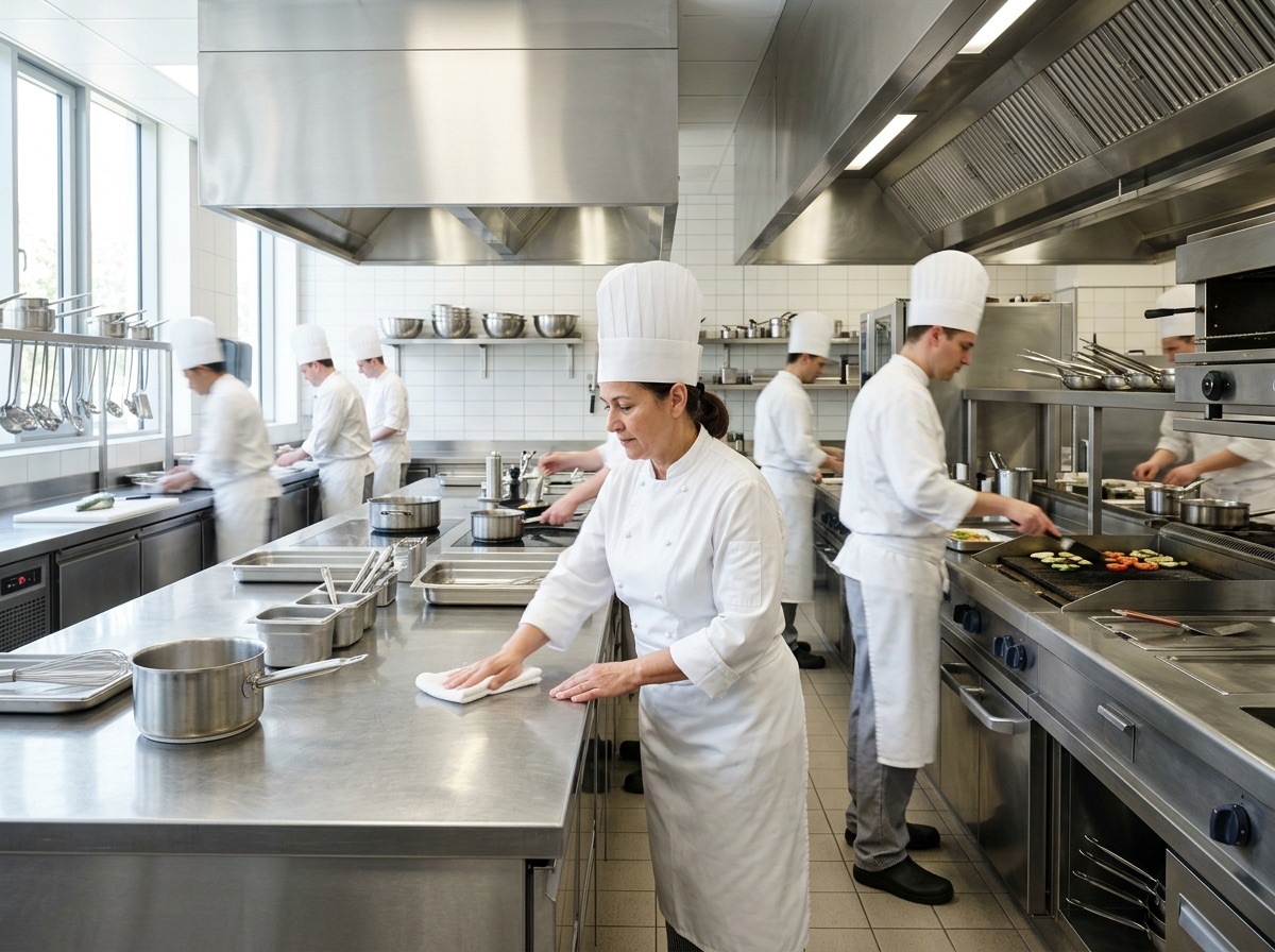 Professional hotel kitchen with a team of chefs