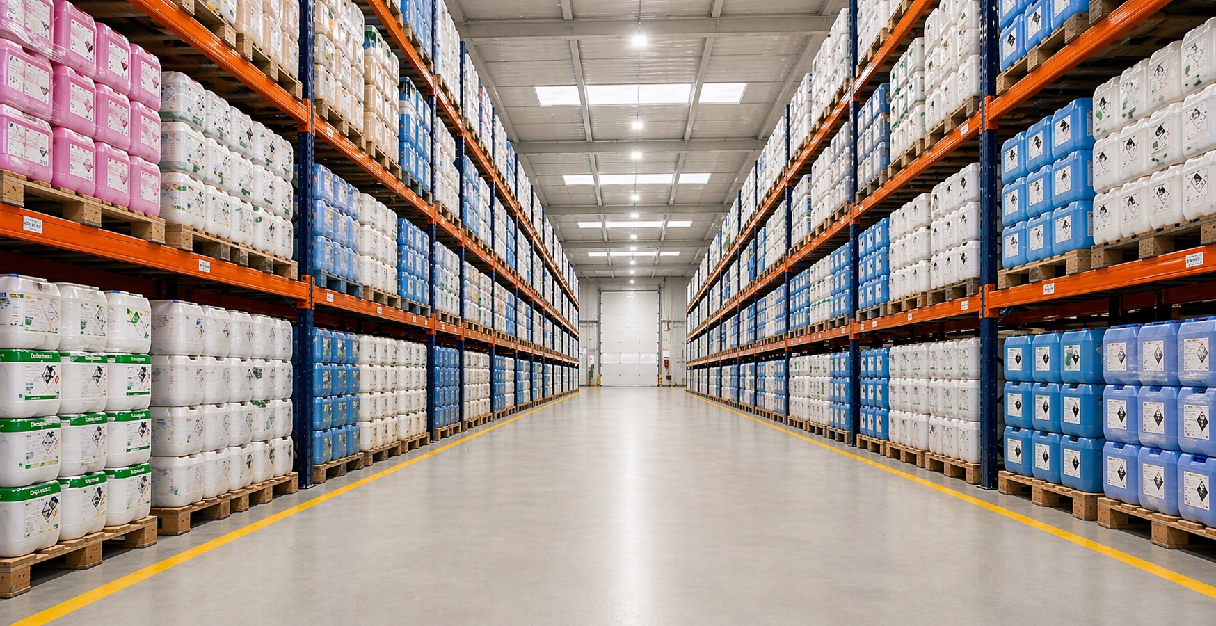 Pasillo de almacén industrial con estanterías de producto
