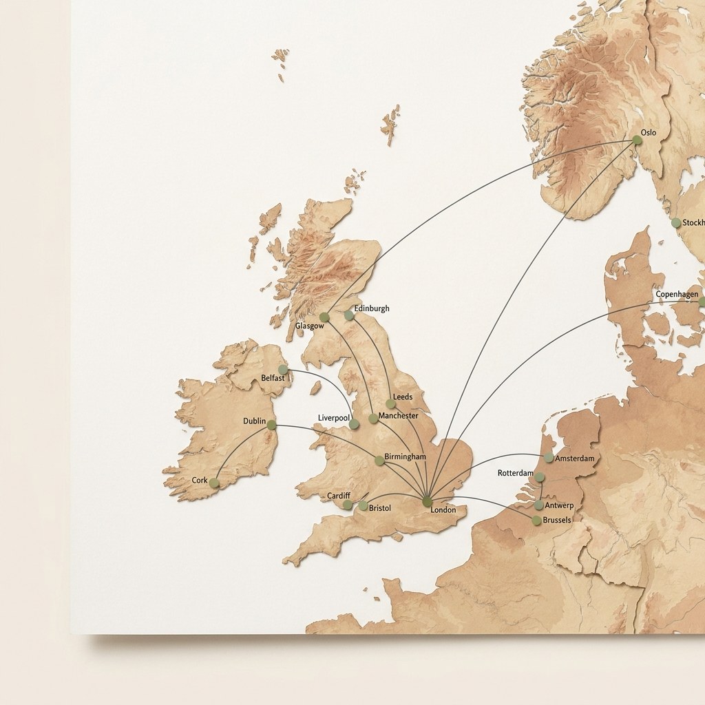 Topographic map of northwest Europe with coverage routes