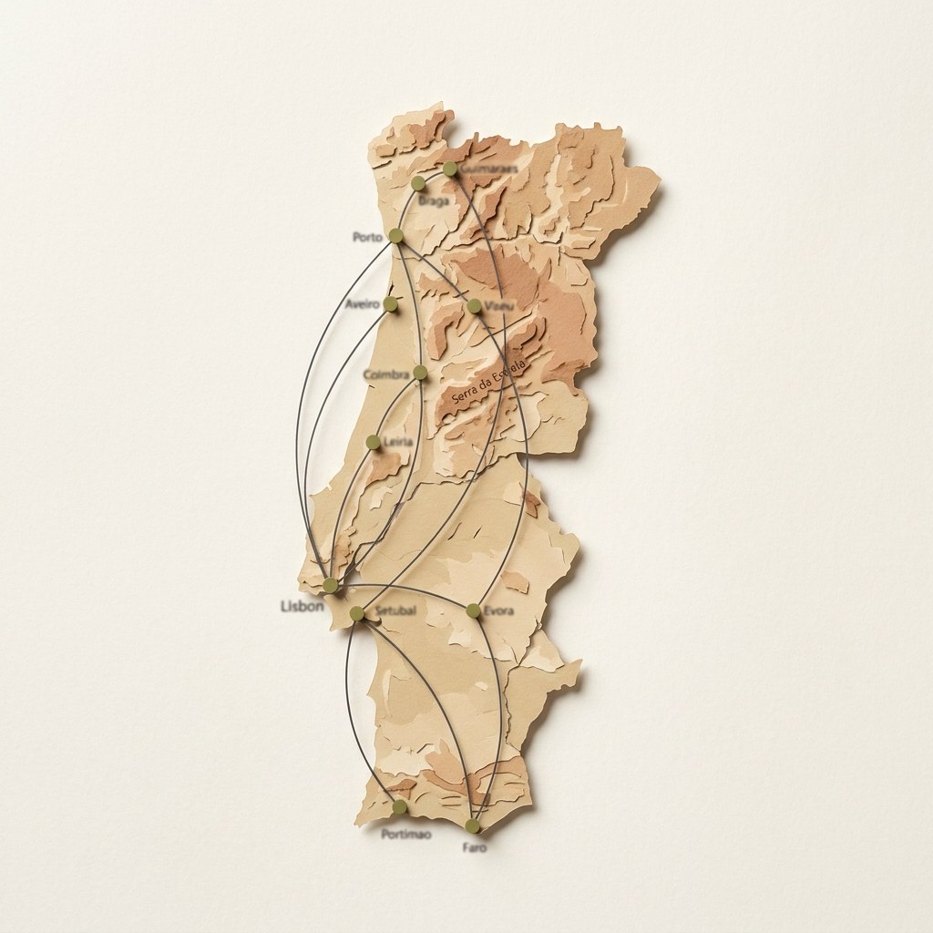 Mapa topográfico de Portugal com rotas de cobertura