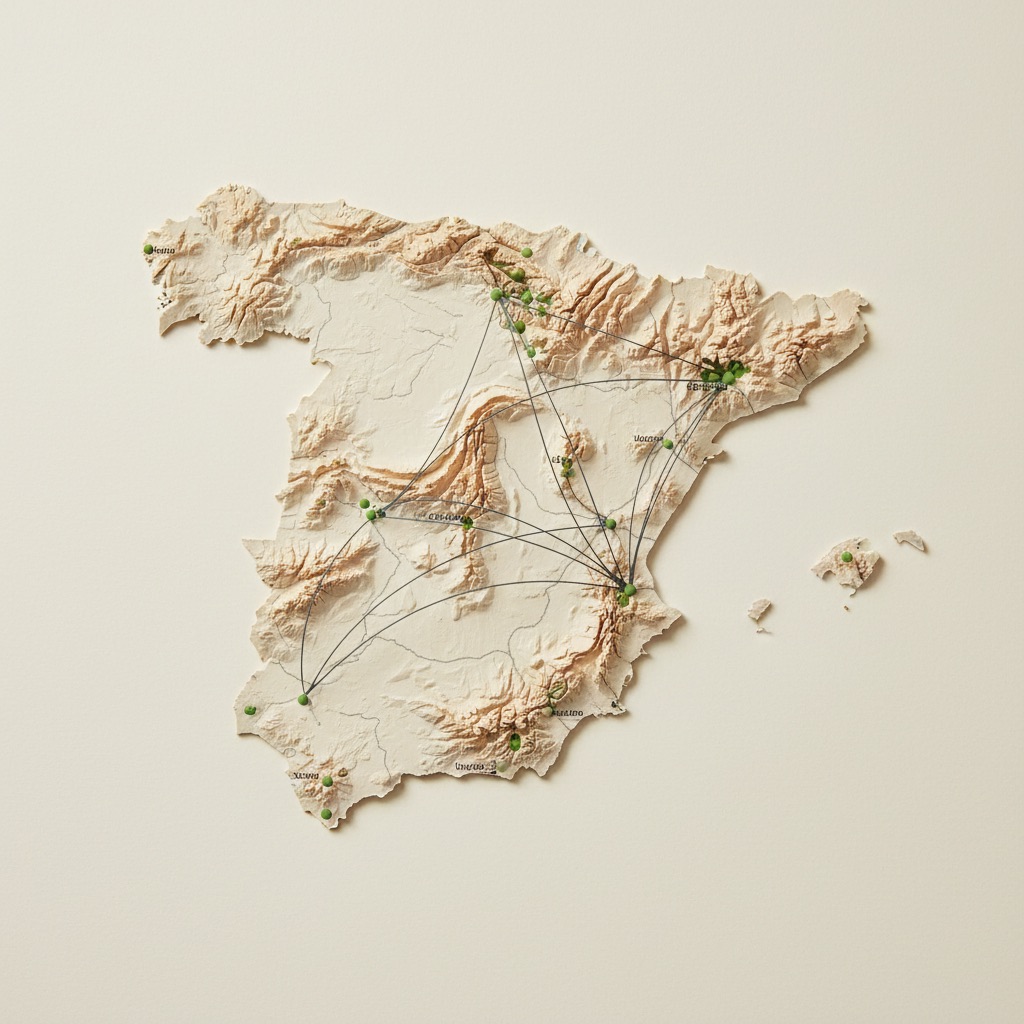 Mapa topográfico de España con rutas de cobertura